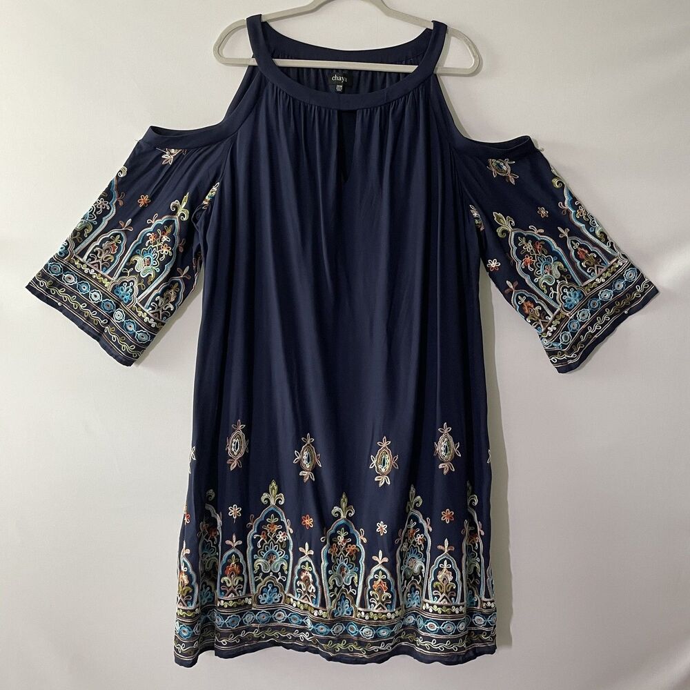 Chaya Cold Shoulder Embroidered Shift Midi Dress Navy 3/4 Sleeve Size 20W